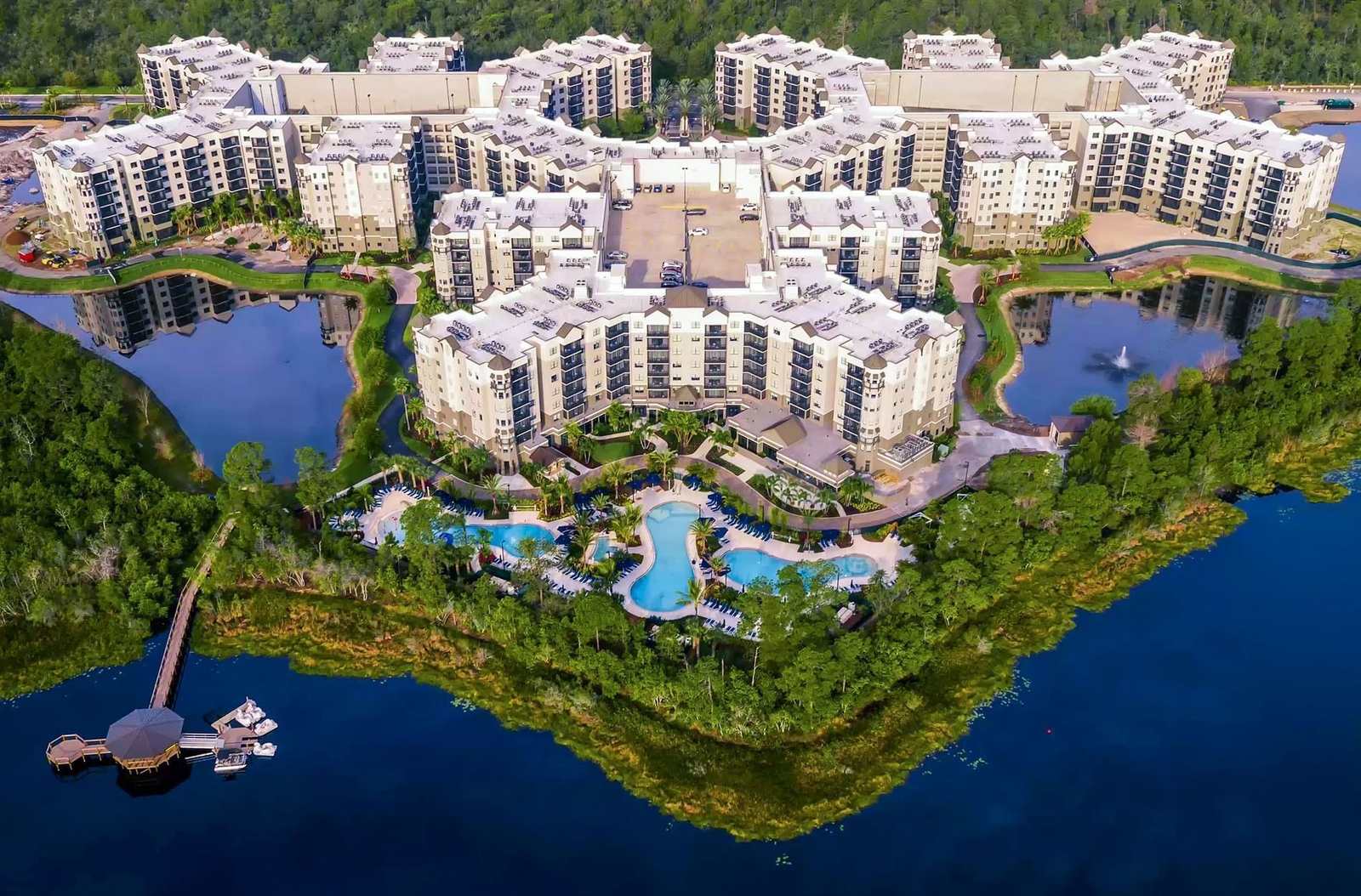 Aerial view of The Grove Resort, its condominium buildings and lakefront, Winter Garden, Florida