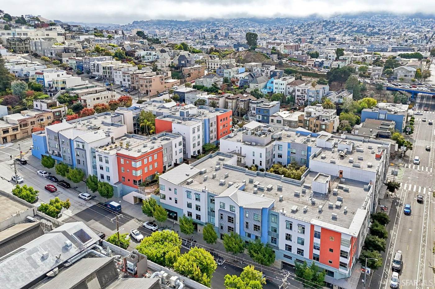 Aerial view of The Potrero condominium complex, including 451 Kansas Street, San Francisco